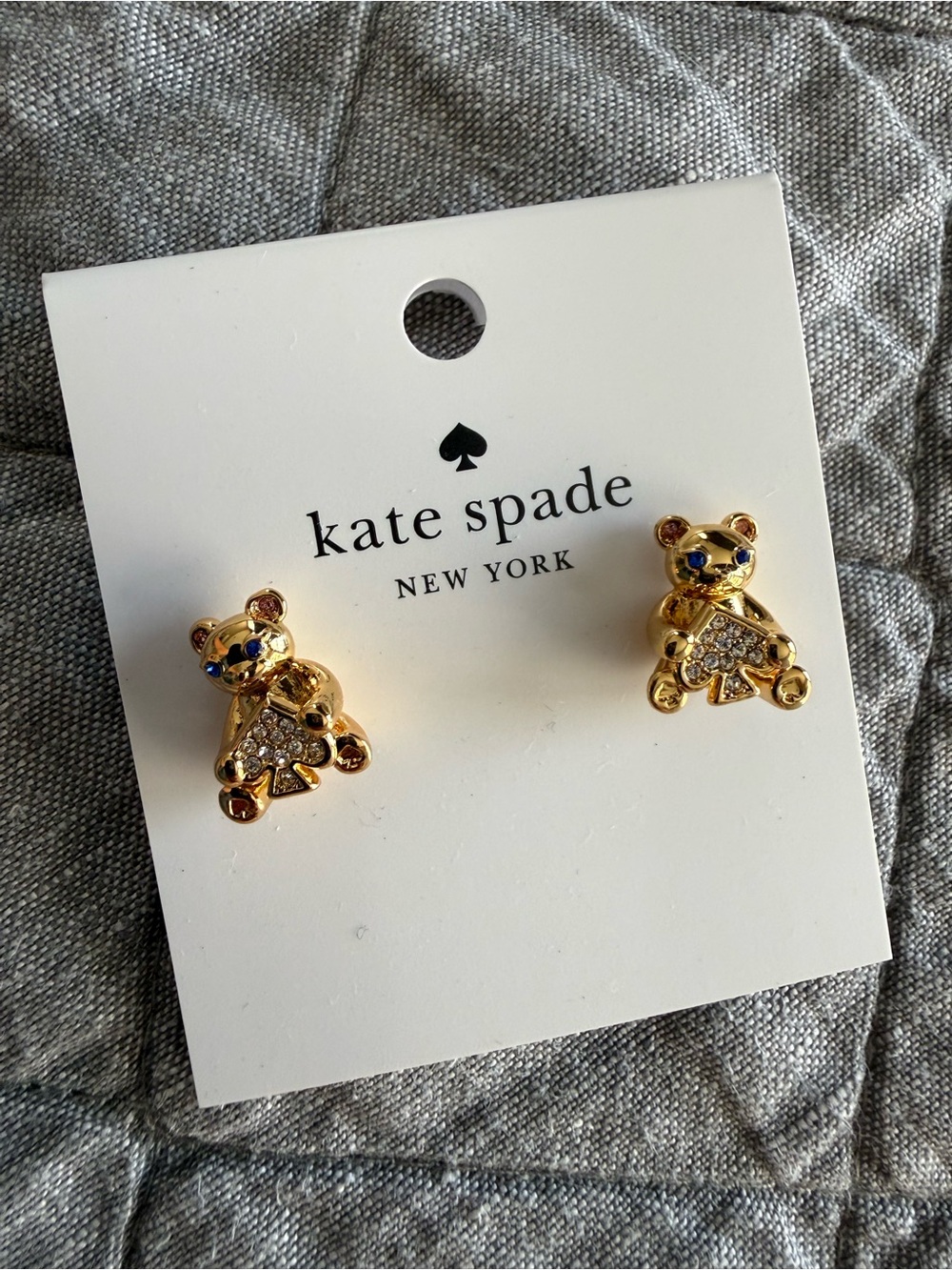 kate spade gold-tone crystal teddy bear stud earrings with blue accent eyes